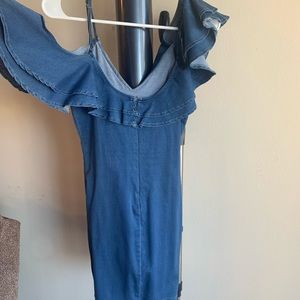 Off the shoulder jean dress.
